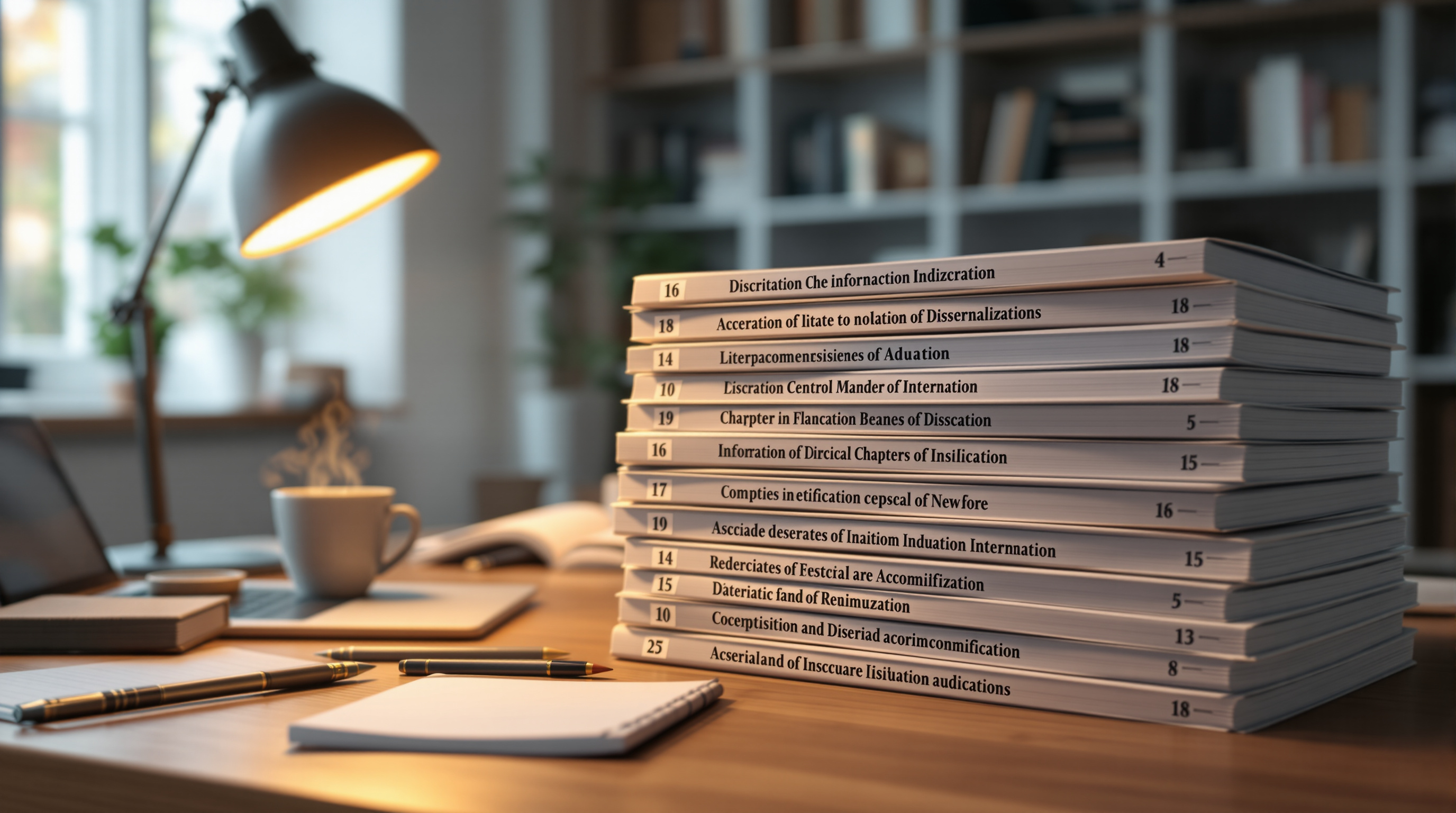 Dissertation manuscript organized in chapters on academic desk
