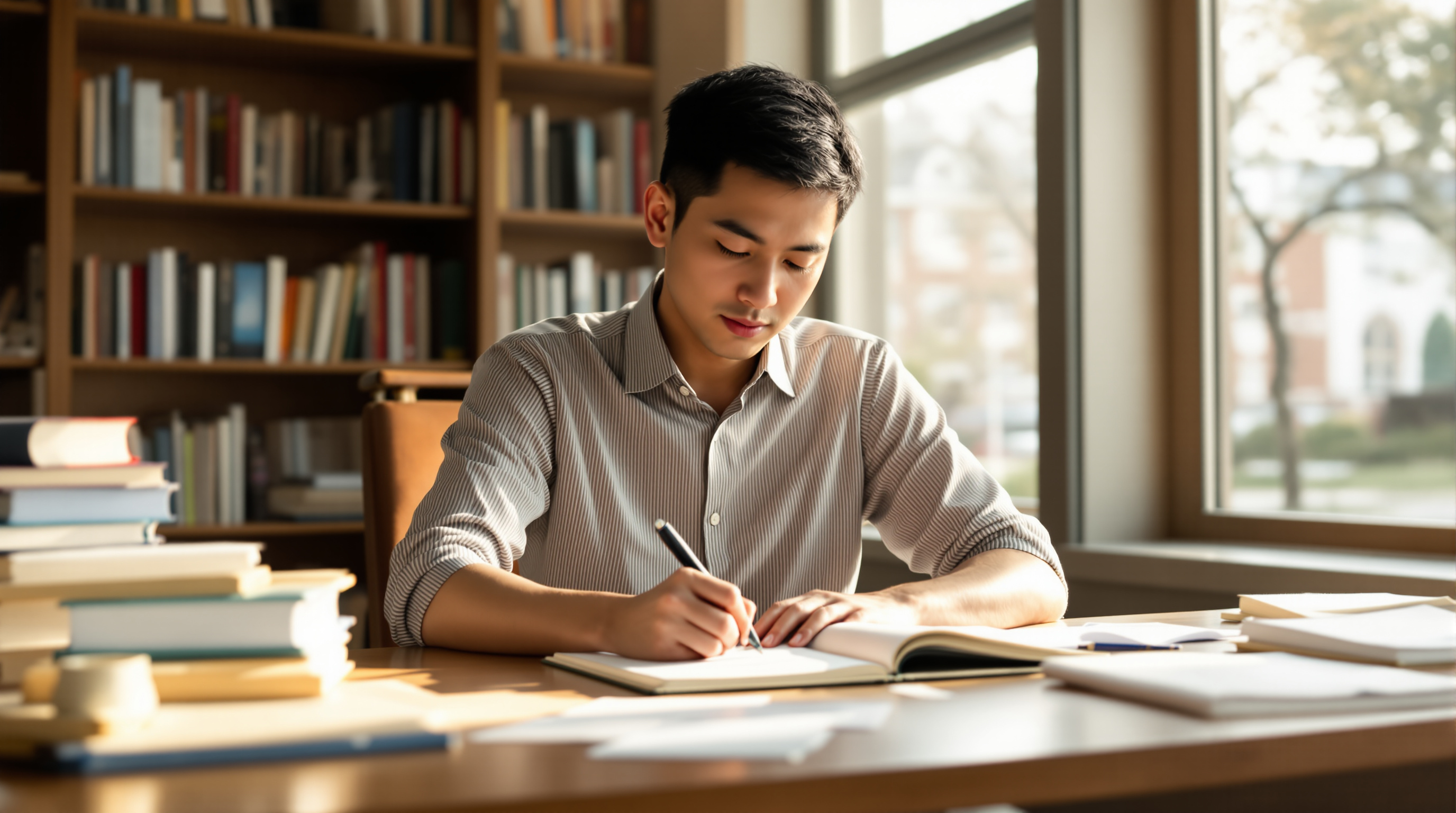 ESL researcher writing academic paper with reference materials