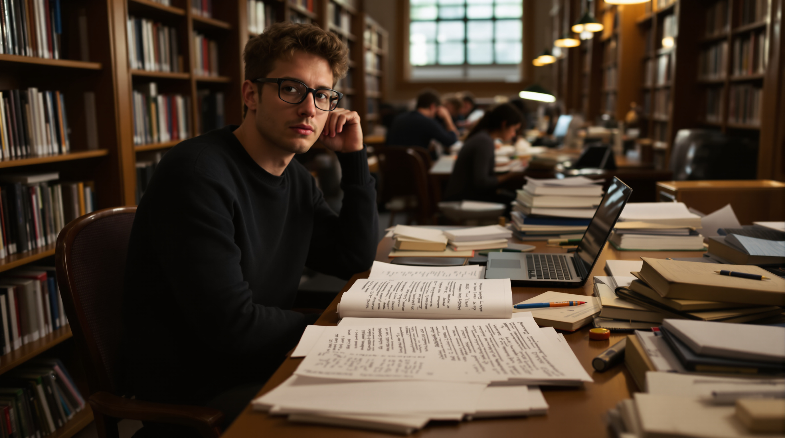 PhD student editing dissertation in academic library